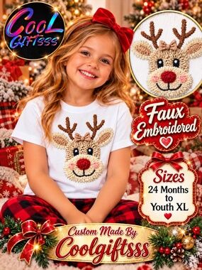 Christmas Reindeer T-shirt Girl 2 3 4 5 6 7 8 10 S-XL Custom made White New